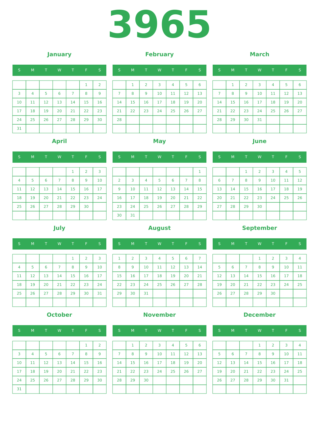 Printable 3965 Year Calendars green