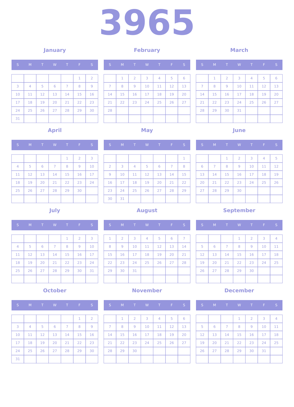 Printable 3965 Year Calendars periwinkle
