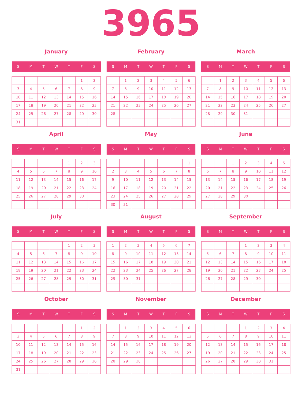 Printable 3965 Year Calendars pink