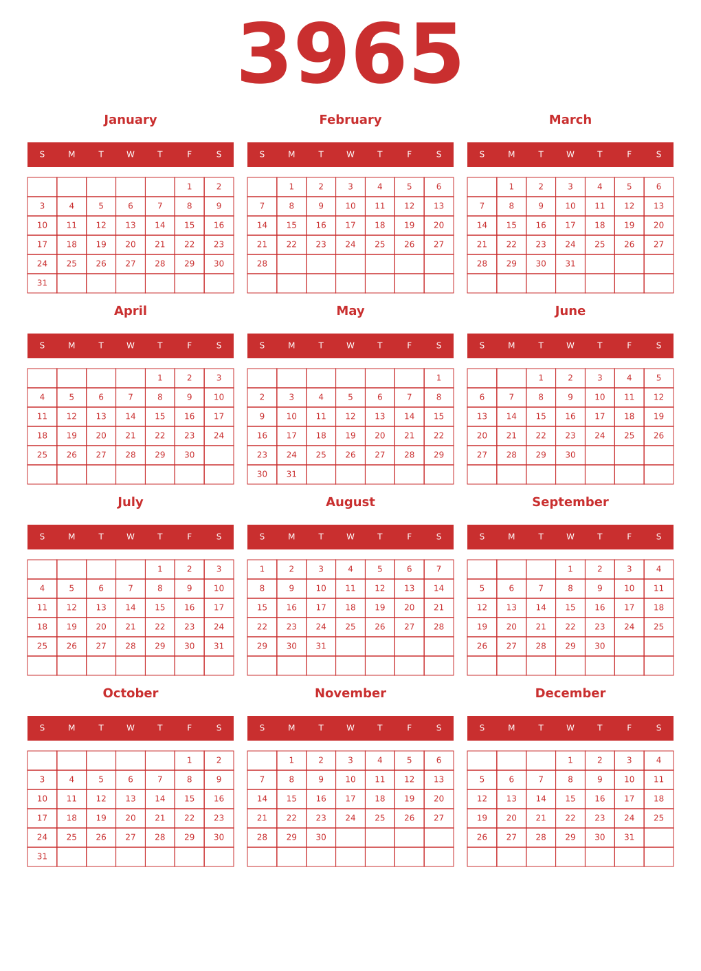 Printable 3965 Year Calendars red