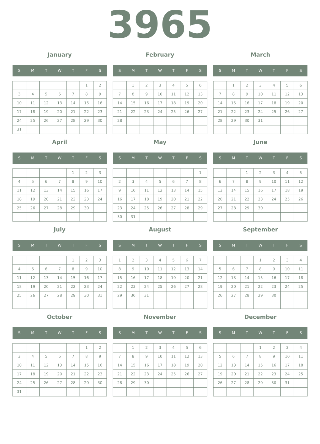 Printable 3965 Year Calendars xanadu