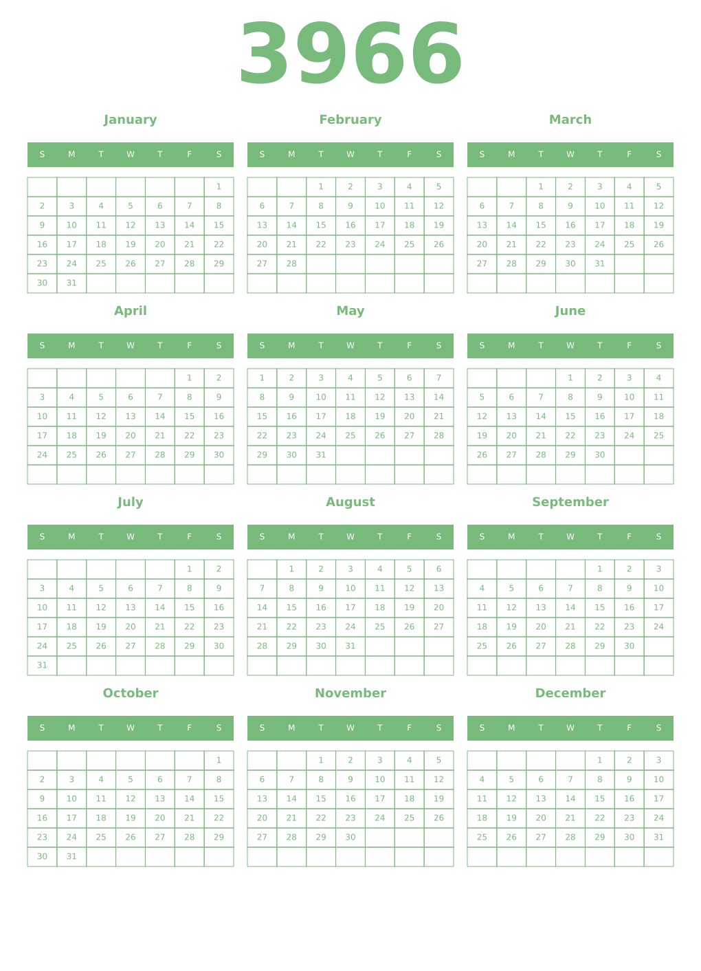 Printable 3966 Year Calendars celadon