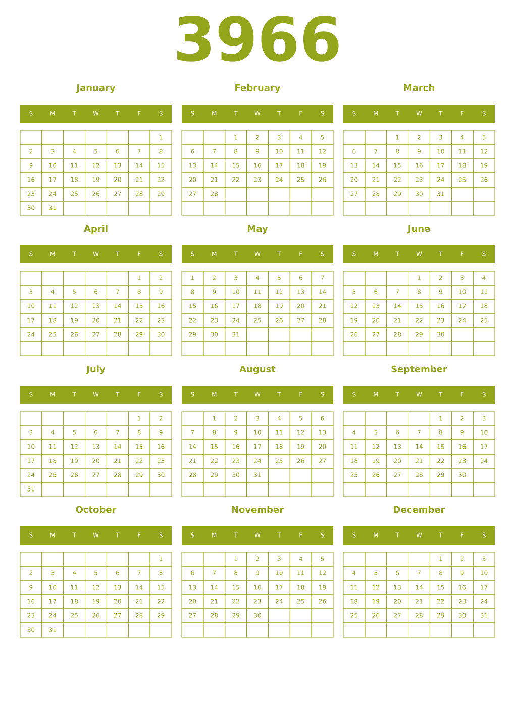 Printable 3966 Year Calendars chartreuse