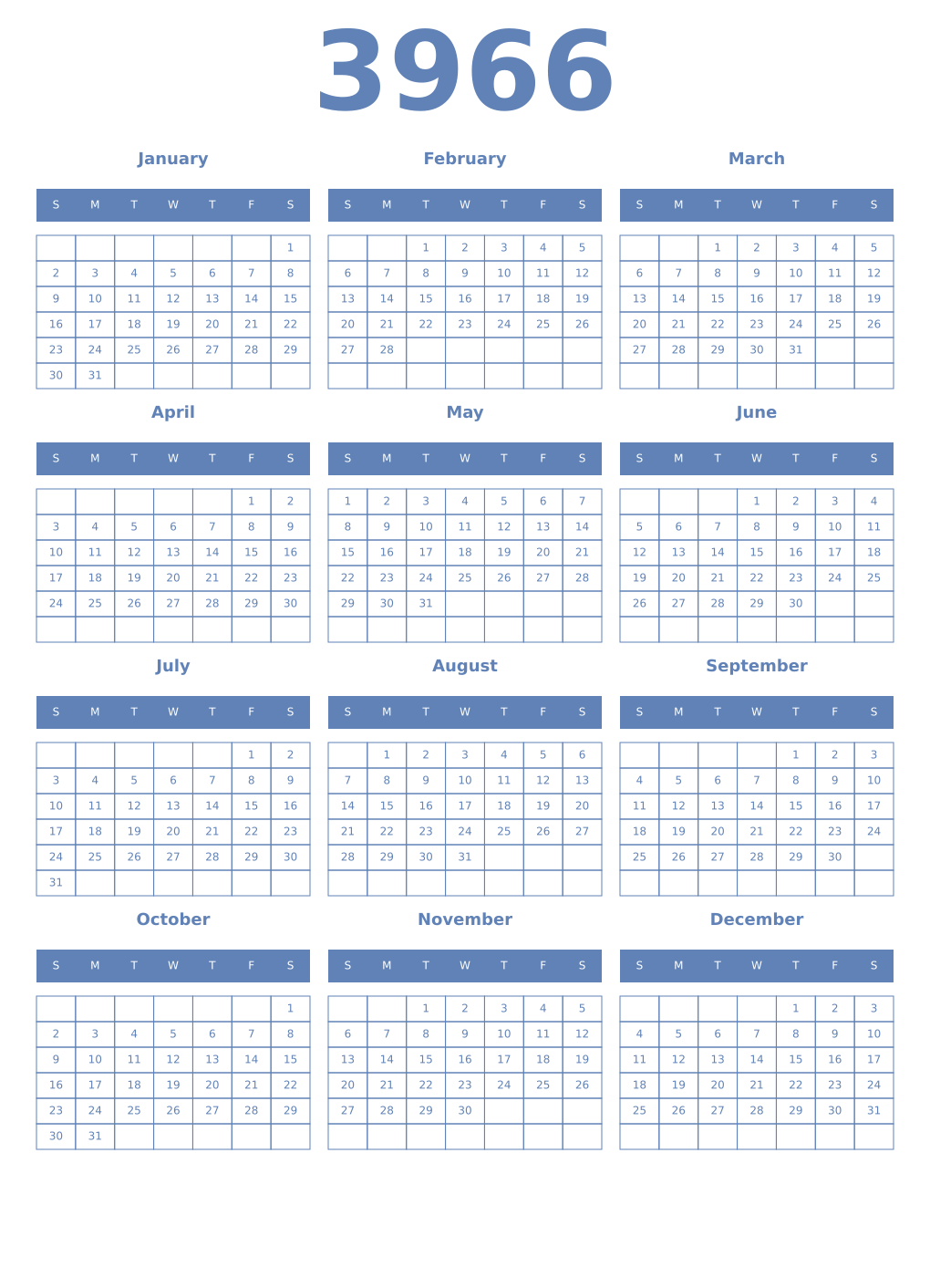Printable 3966 Year Calendars glaucous