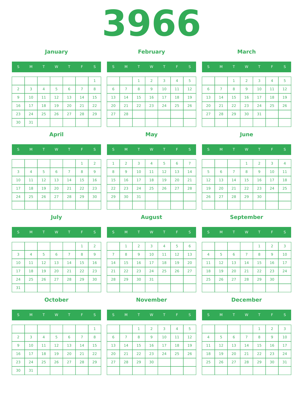Printable 3966 Year Calendars green