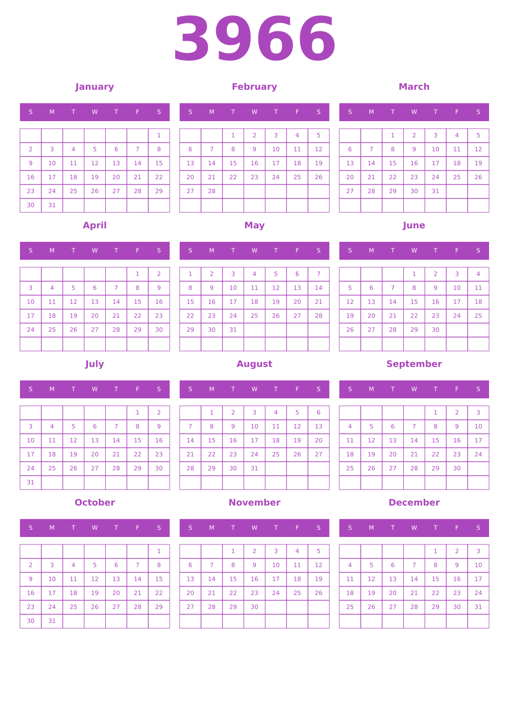 Printable 3966 Year Calendars purple