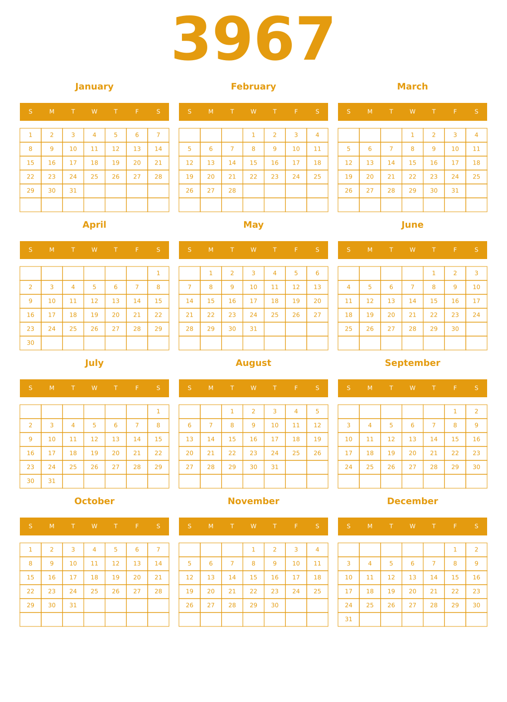 Printable 3967 Year Calendars gamboge