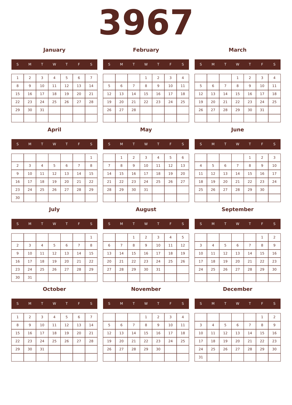 Printable 3967 Year Calendars mortuum