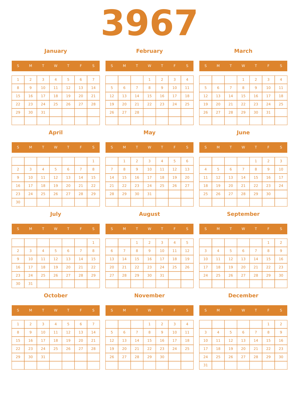Printable 3967 Year Calendars orange