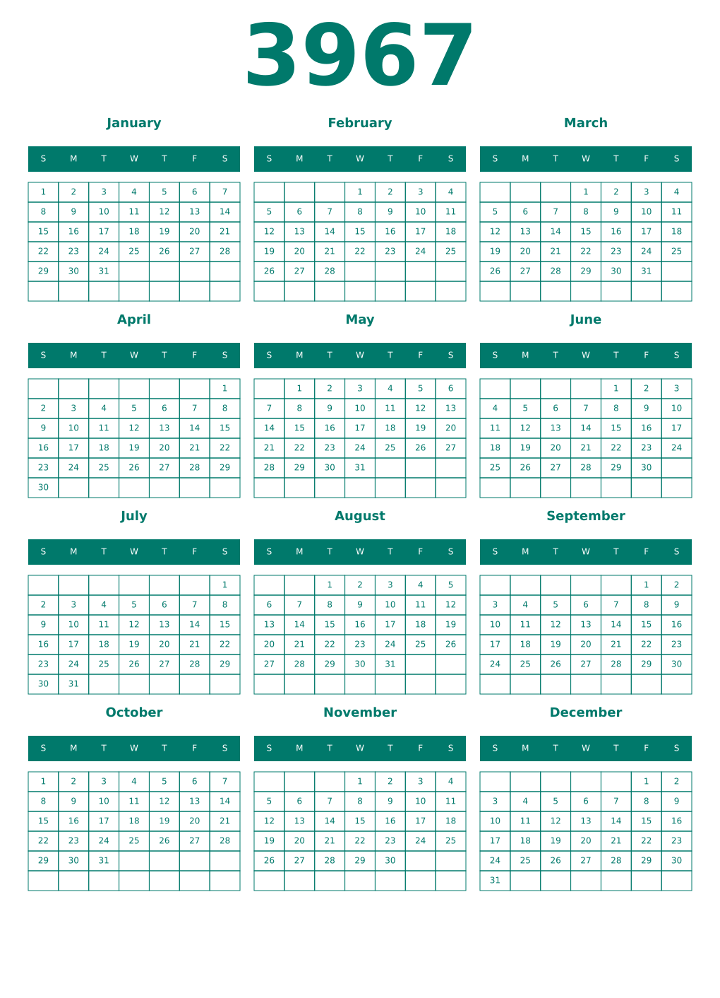 Printable 3967 Year Calendars pastel