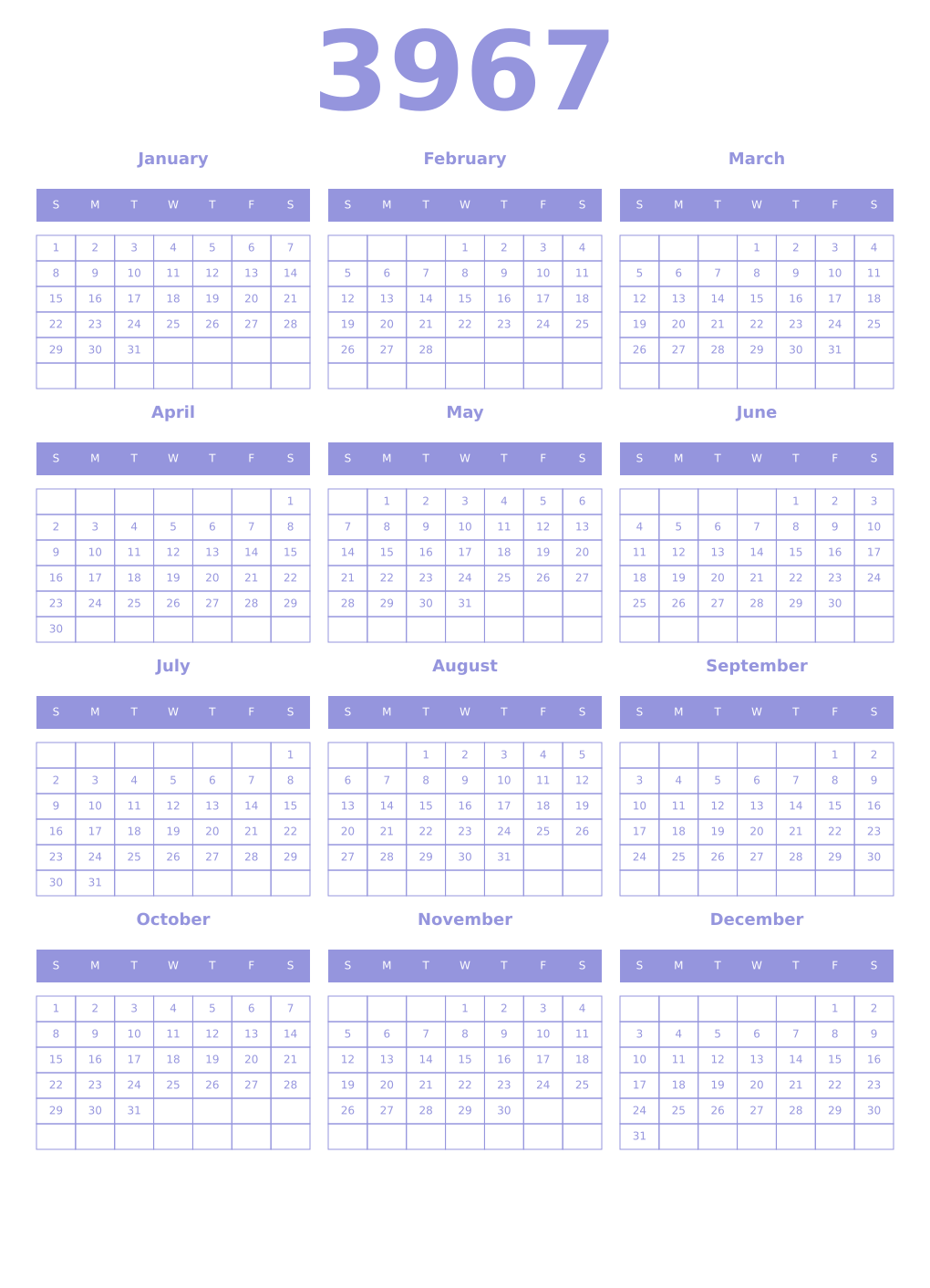 Printable 3967 Year Calendars periwinkle