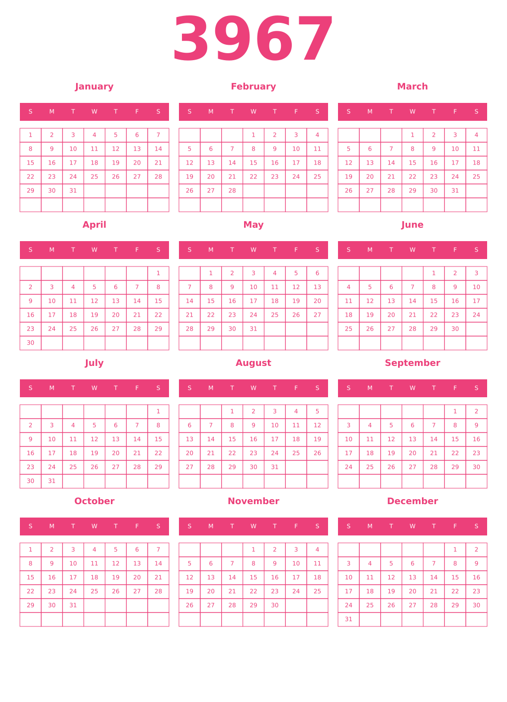 Printable 3967 Year Calendars pink