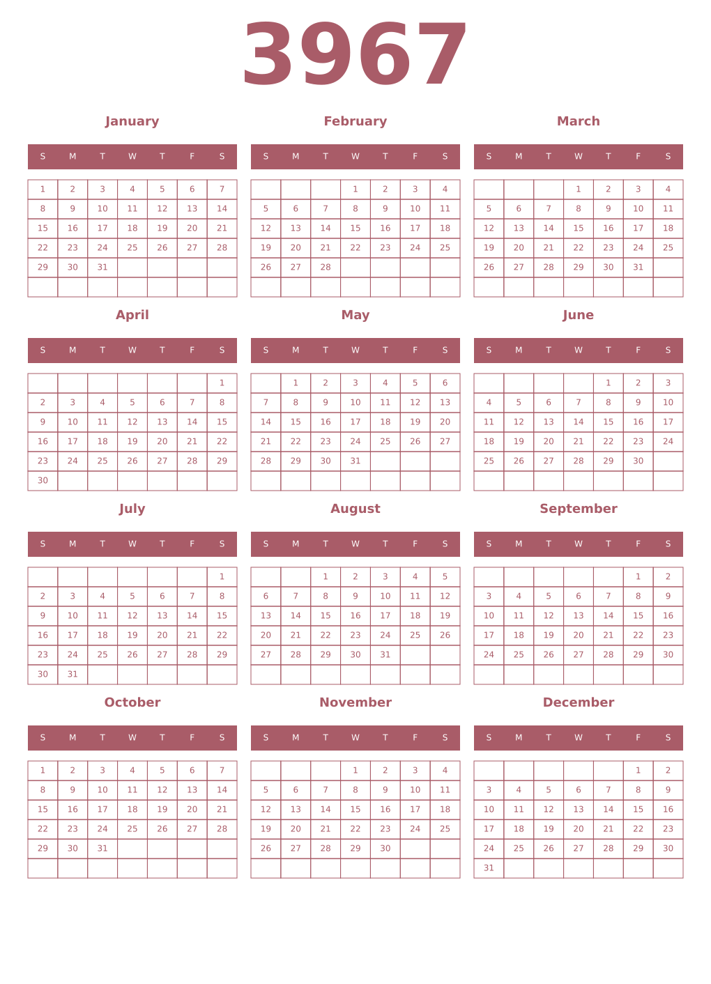 Printable 3967 Year Calendars puce