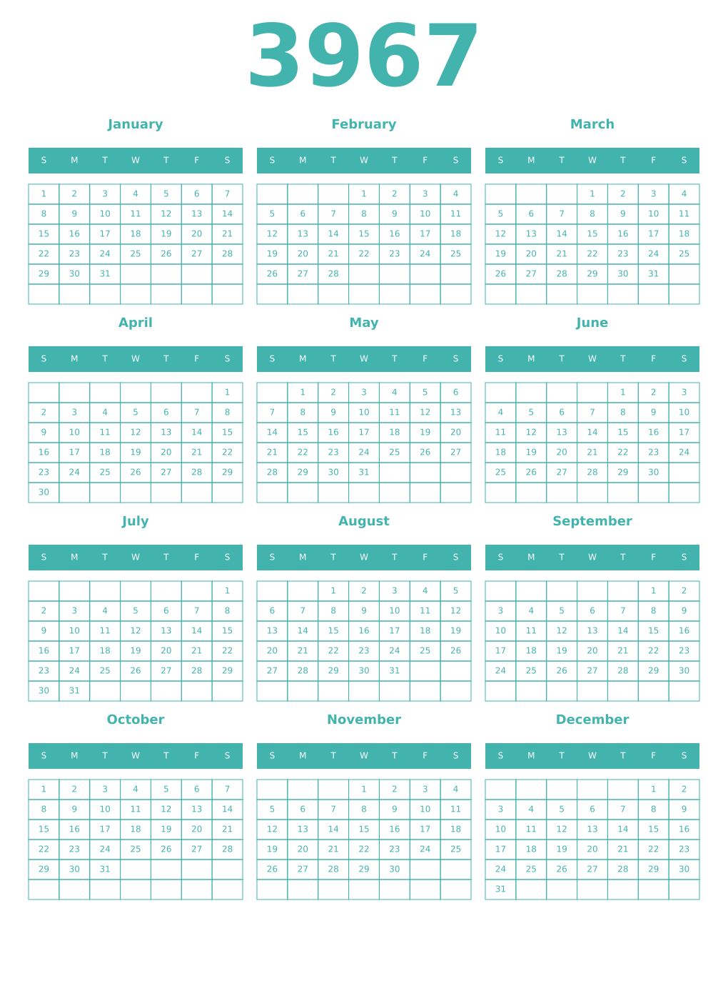 Printable 3967 Year Calendars verdigris