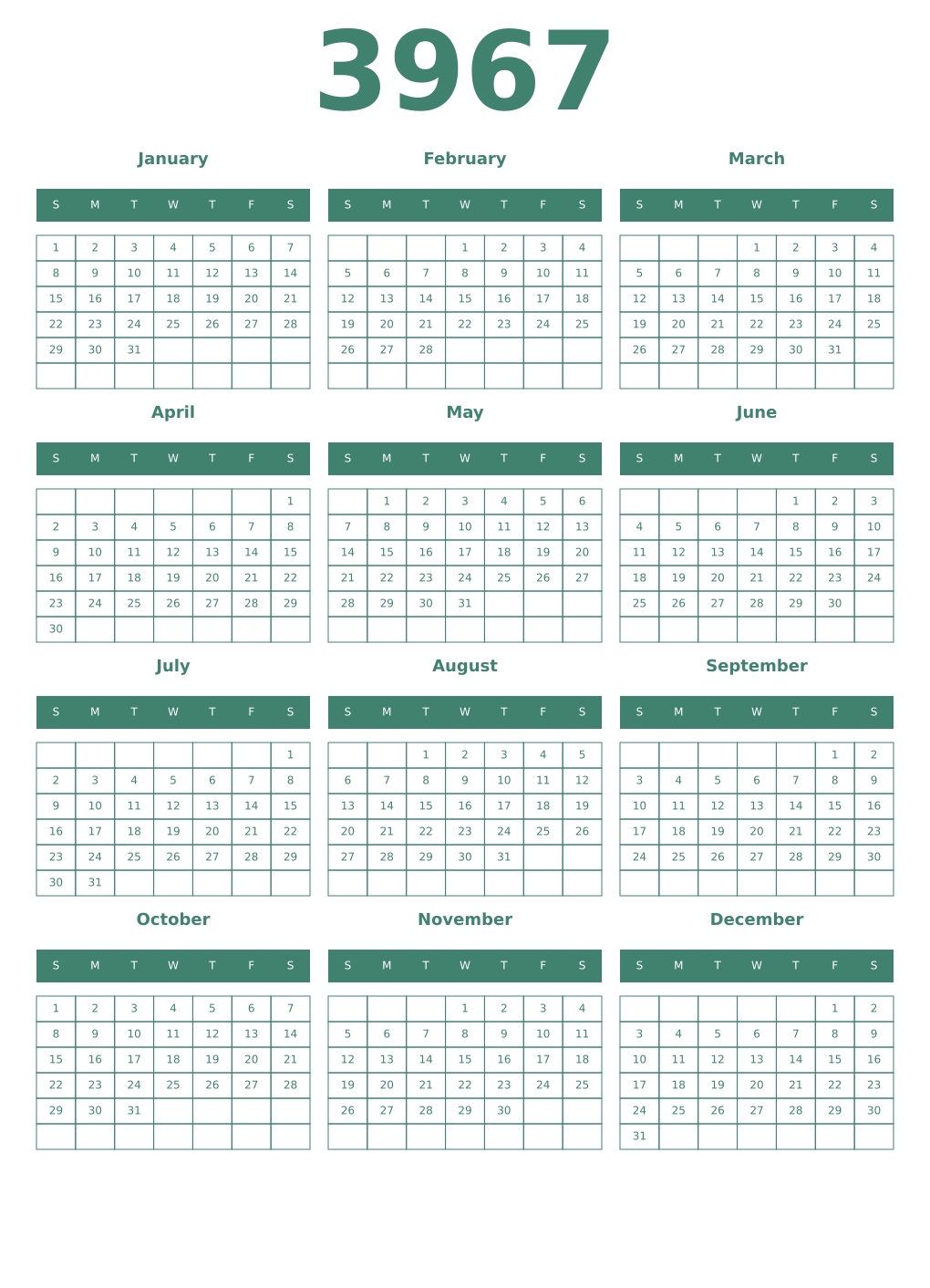 Printable 3967 Year Calendars viridian