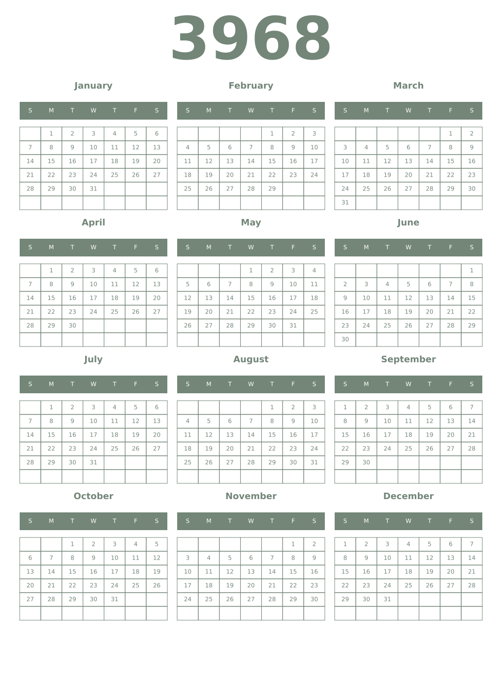 Printable 3968 Year Calendars xanadu