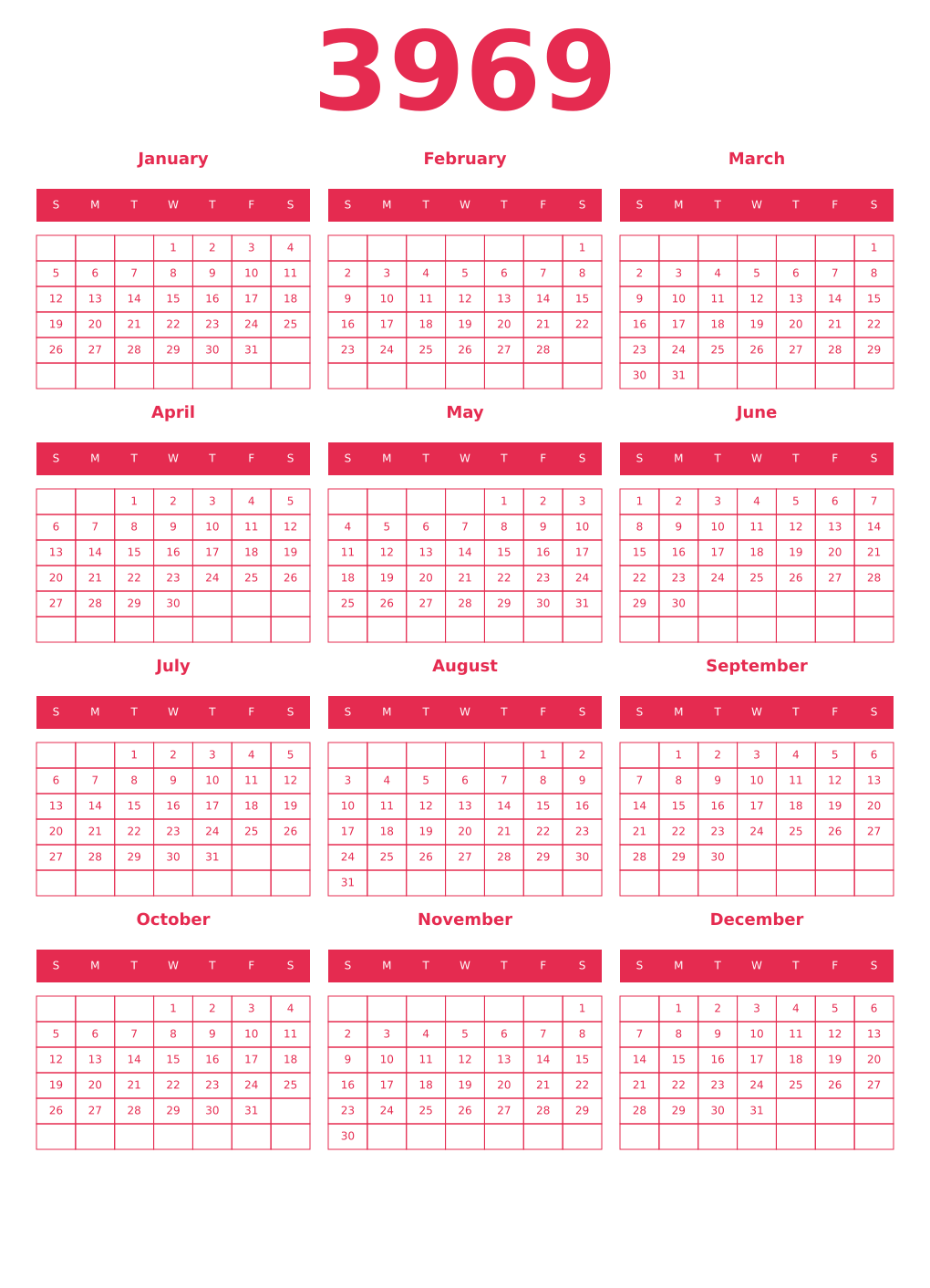 Printable 3969 Year Calendars amaranth