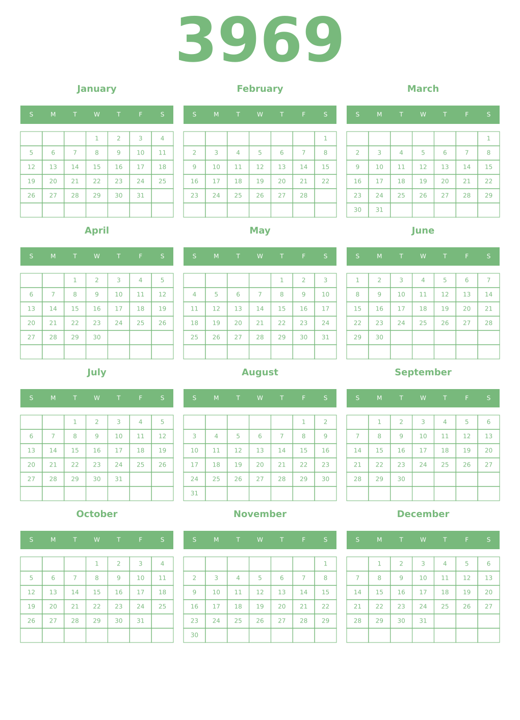 Printable 3969 Year Calendars celadon