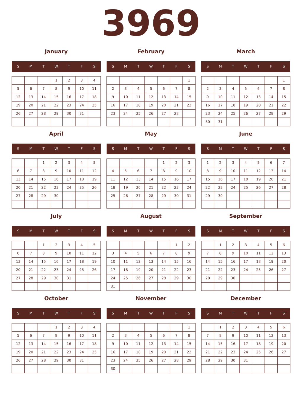 Printable 3969 Year Calendars mortuum