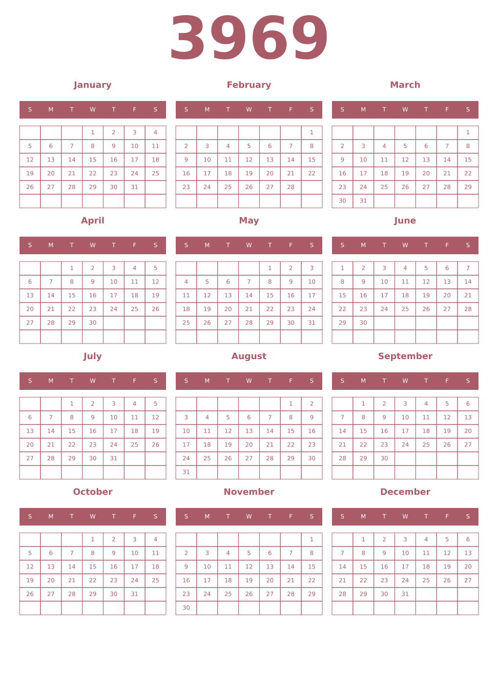Printable 3969 Year Calendars puce