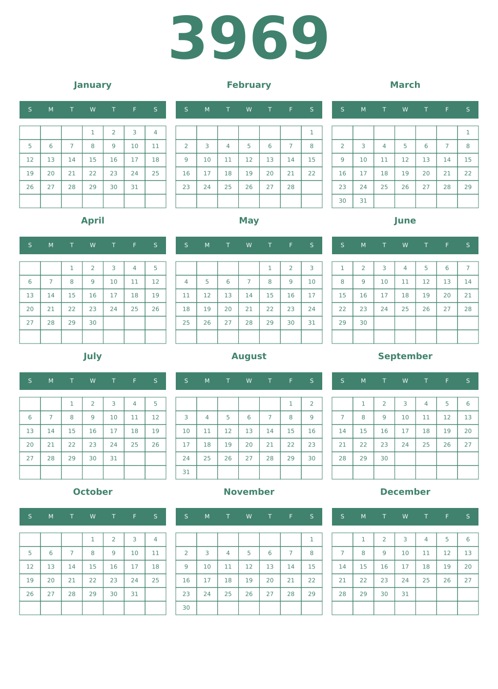Printable 3969 Year Calendars viridian