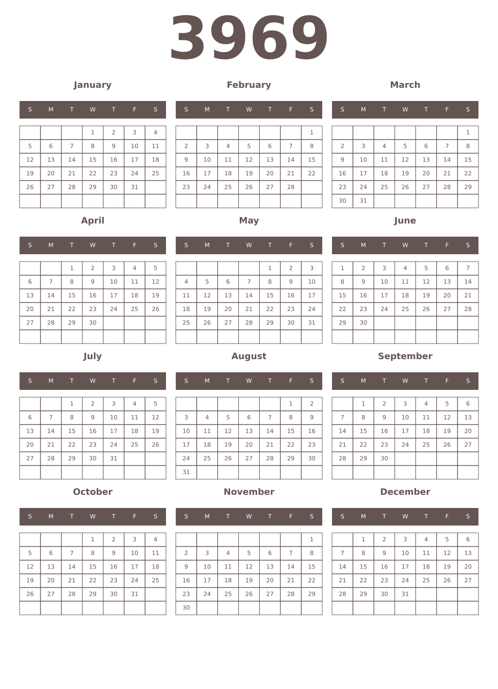 Printable 3969 Year Calendars wenge