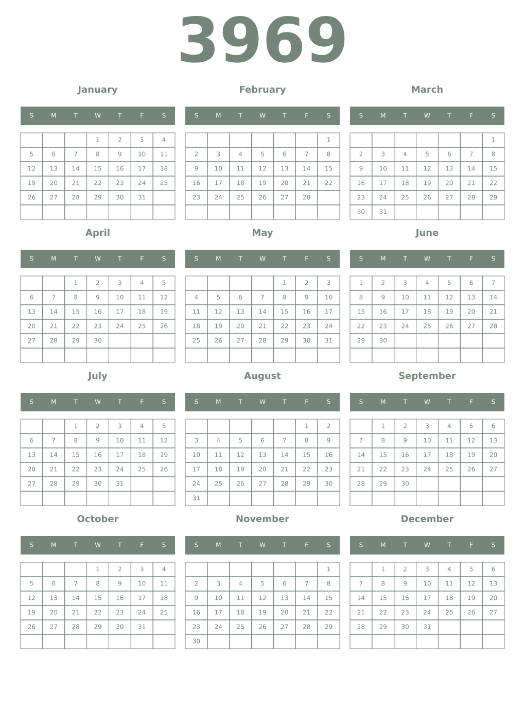 Printable 3969 Year Calendars xanadu