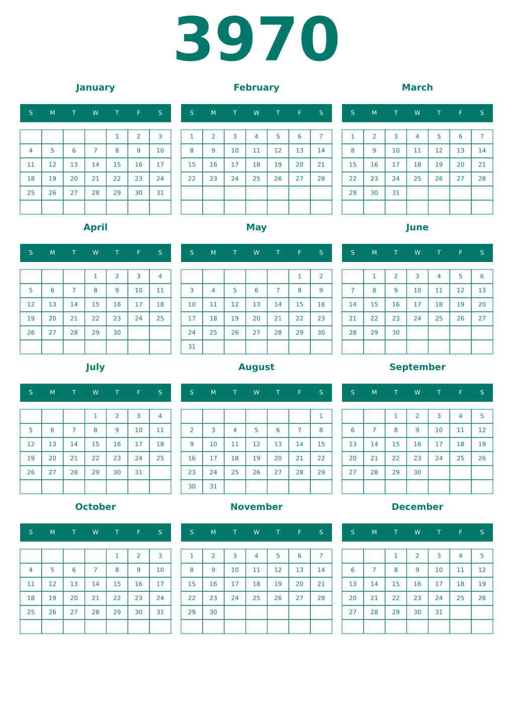 Printable 3970 Year Calendars pastel