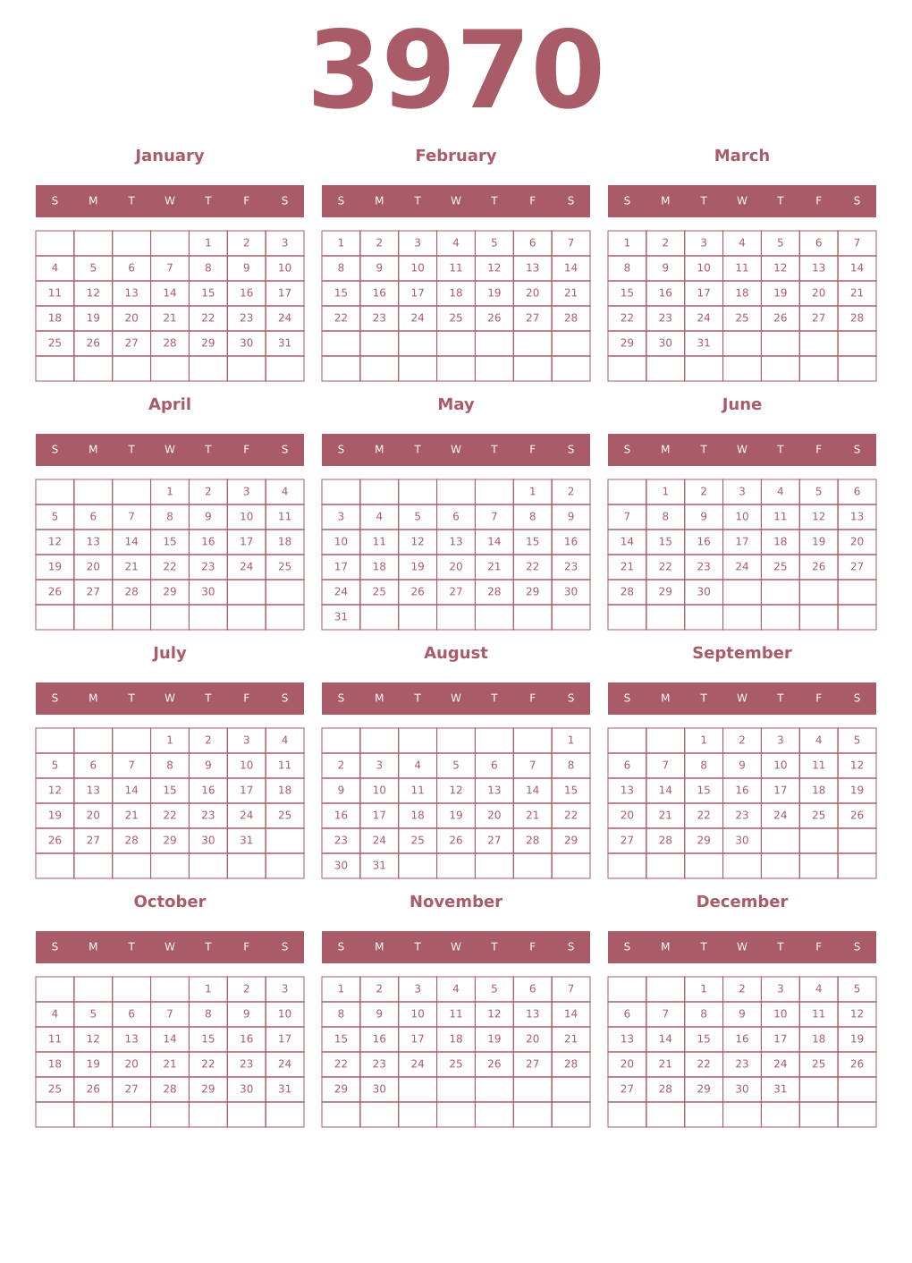Printable 3970 Year Calendars puce