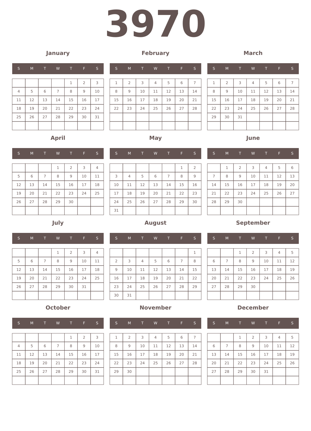 Printable 3970 Year Calendars wenge