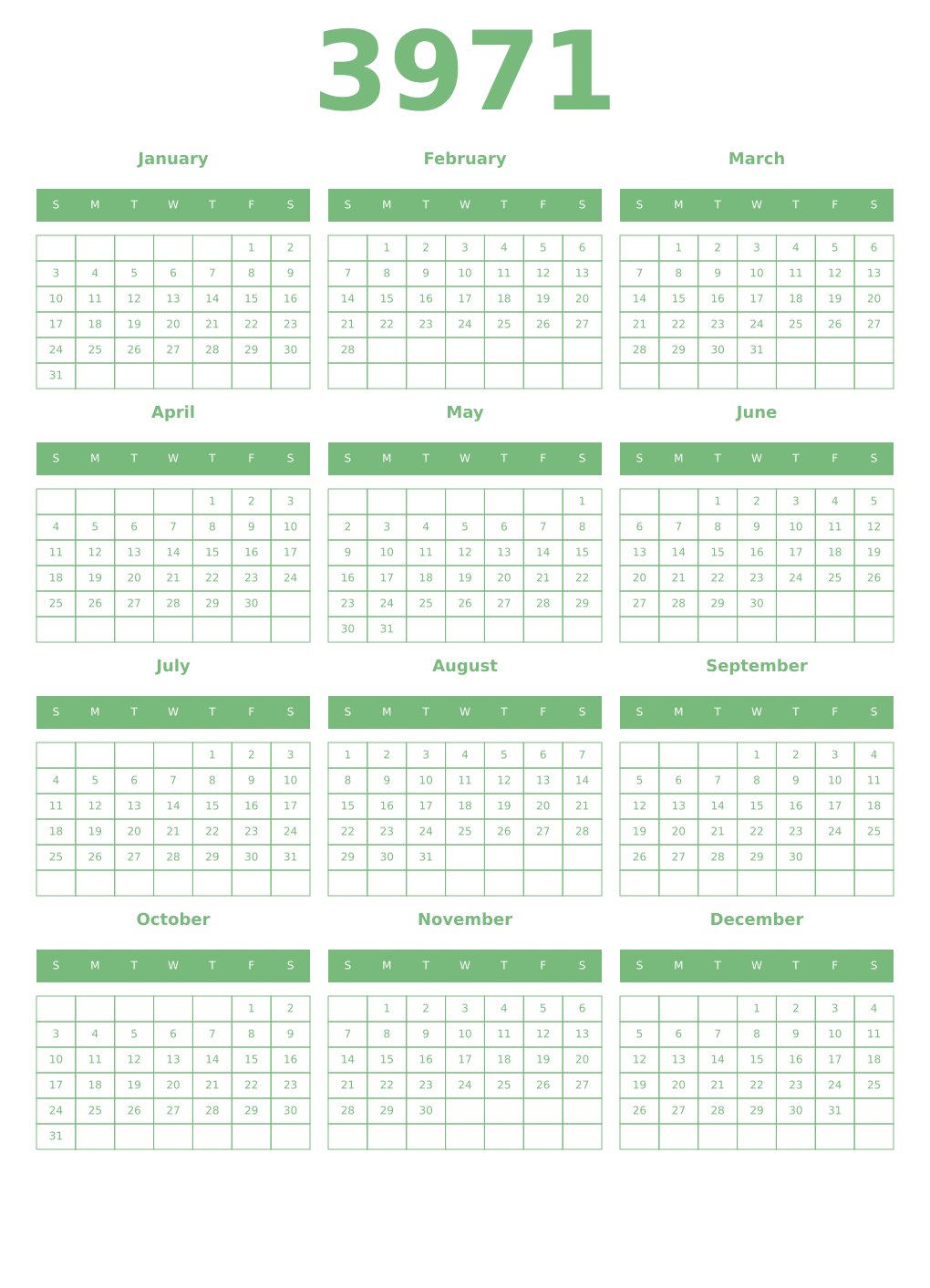 Printable 3971 Year Calendars celadon