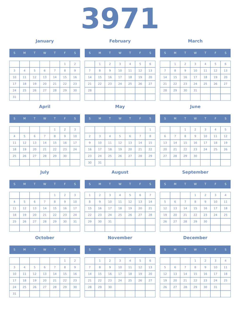 Printable 3971 Year Calendars glaucous