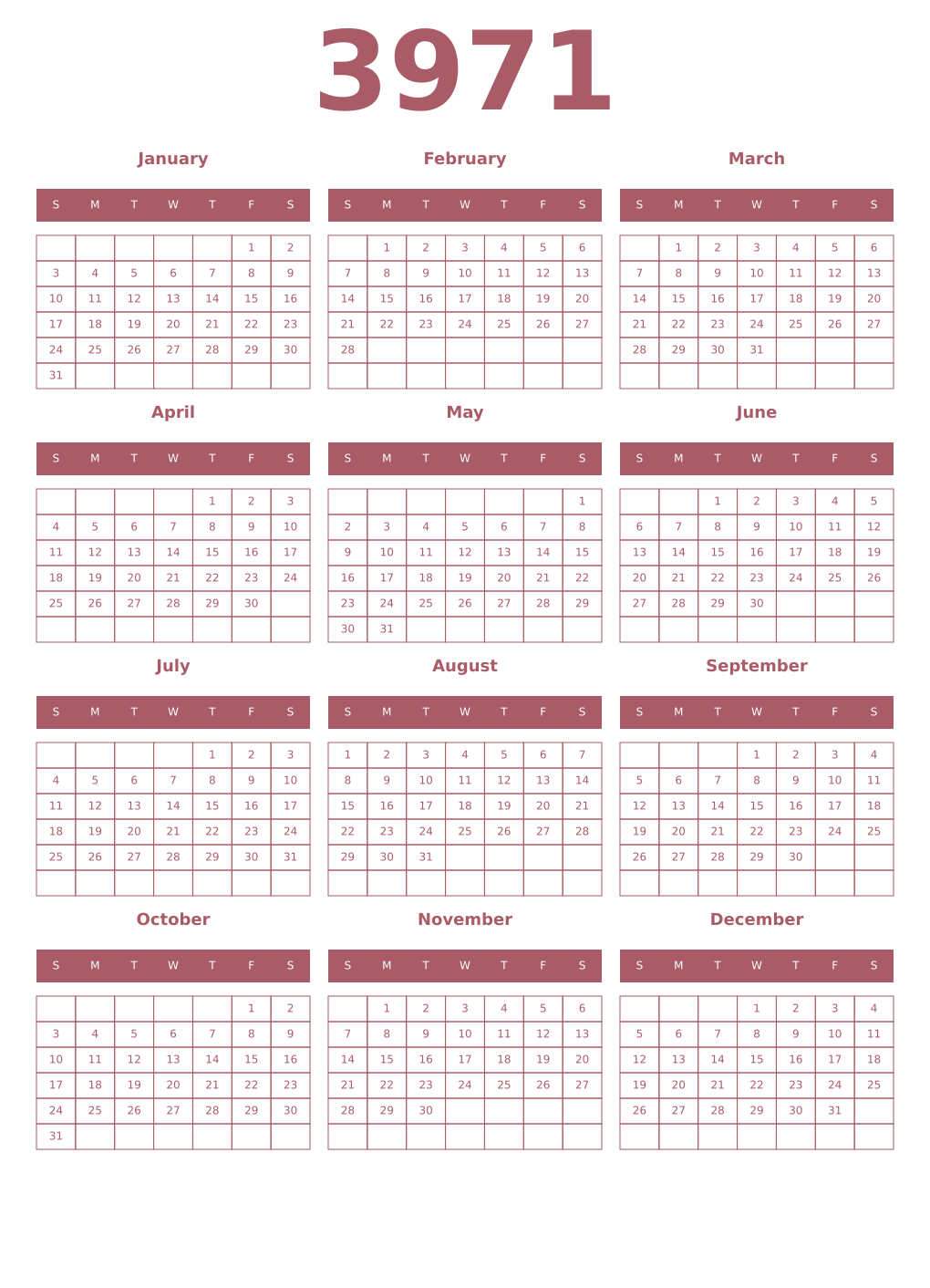 Printable 3971 Year Calendars puce