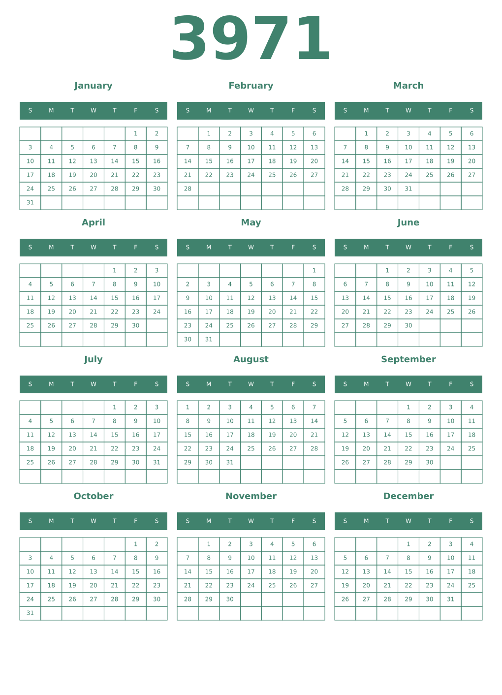 Printable 3971 Year Calendars viridian