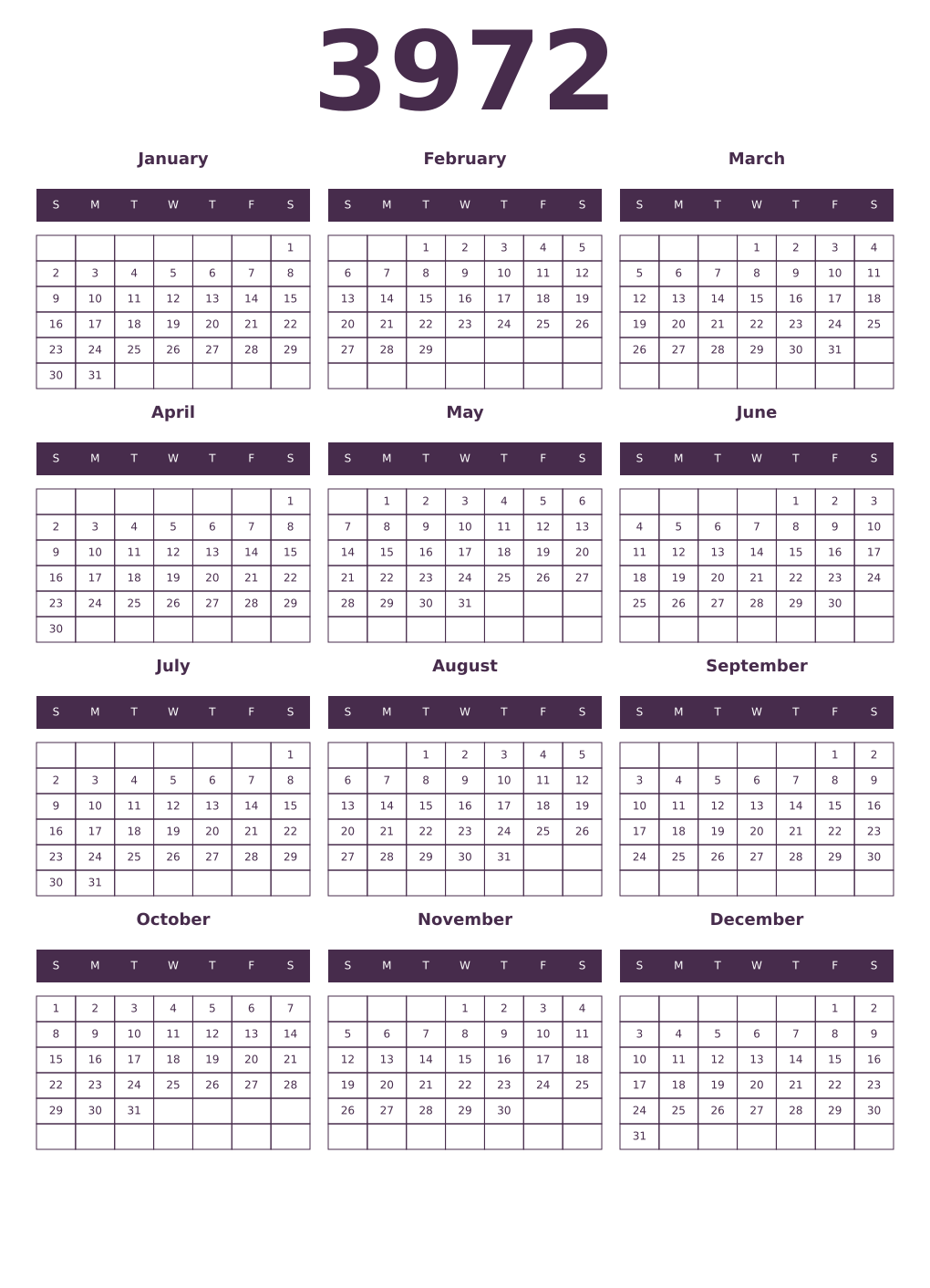 Printable 3972 Year Calendars aubergine
