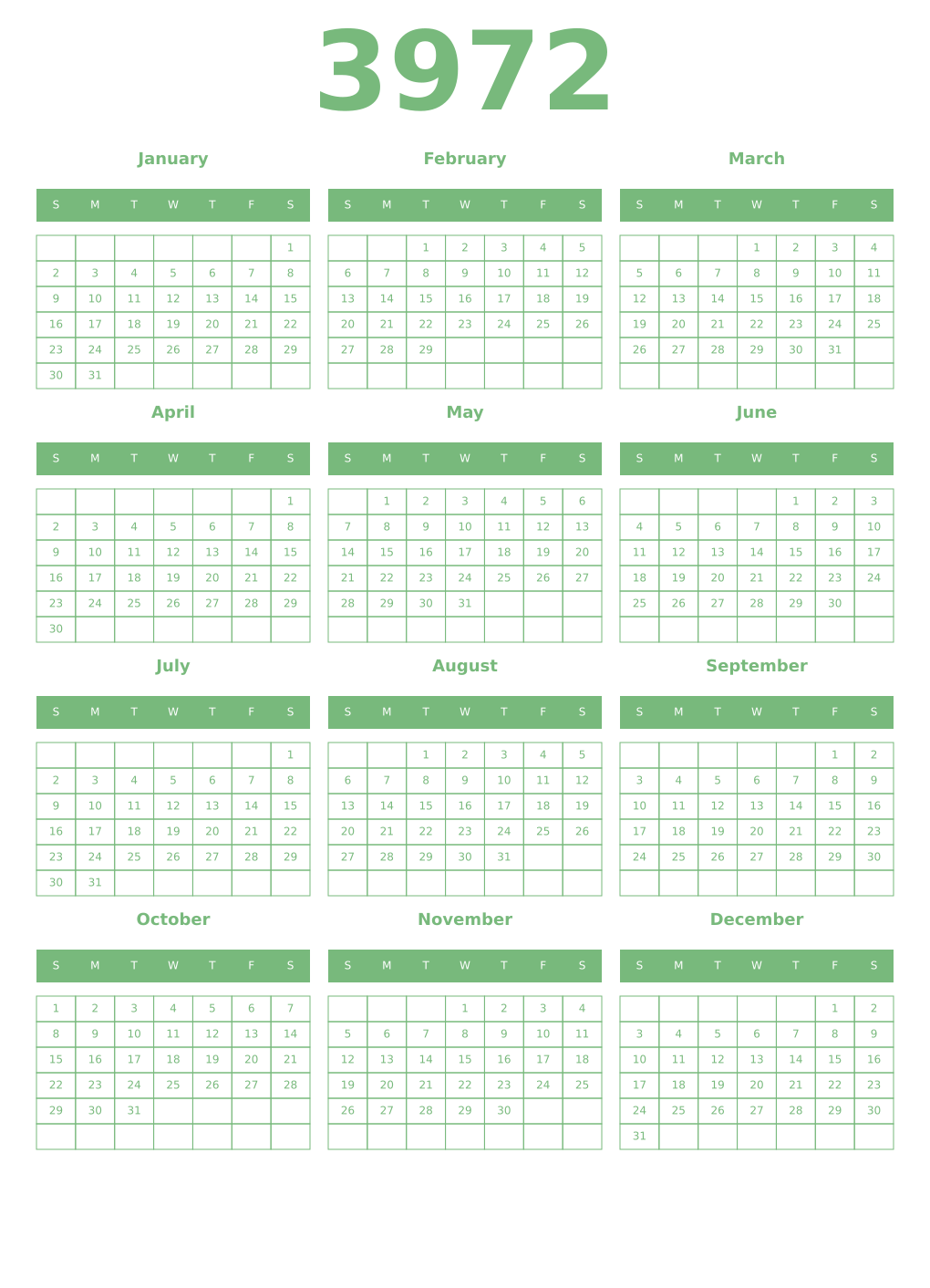 Printable 3972 Year Calendars celadon