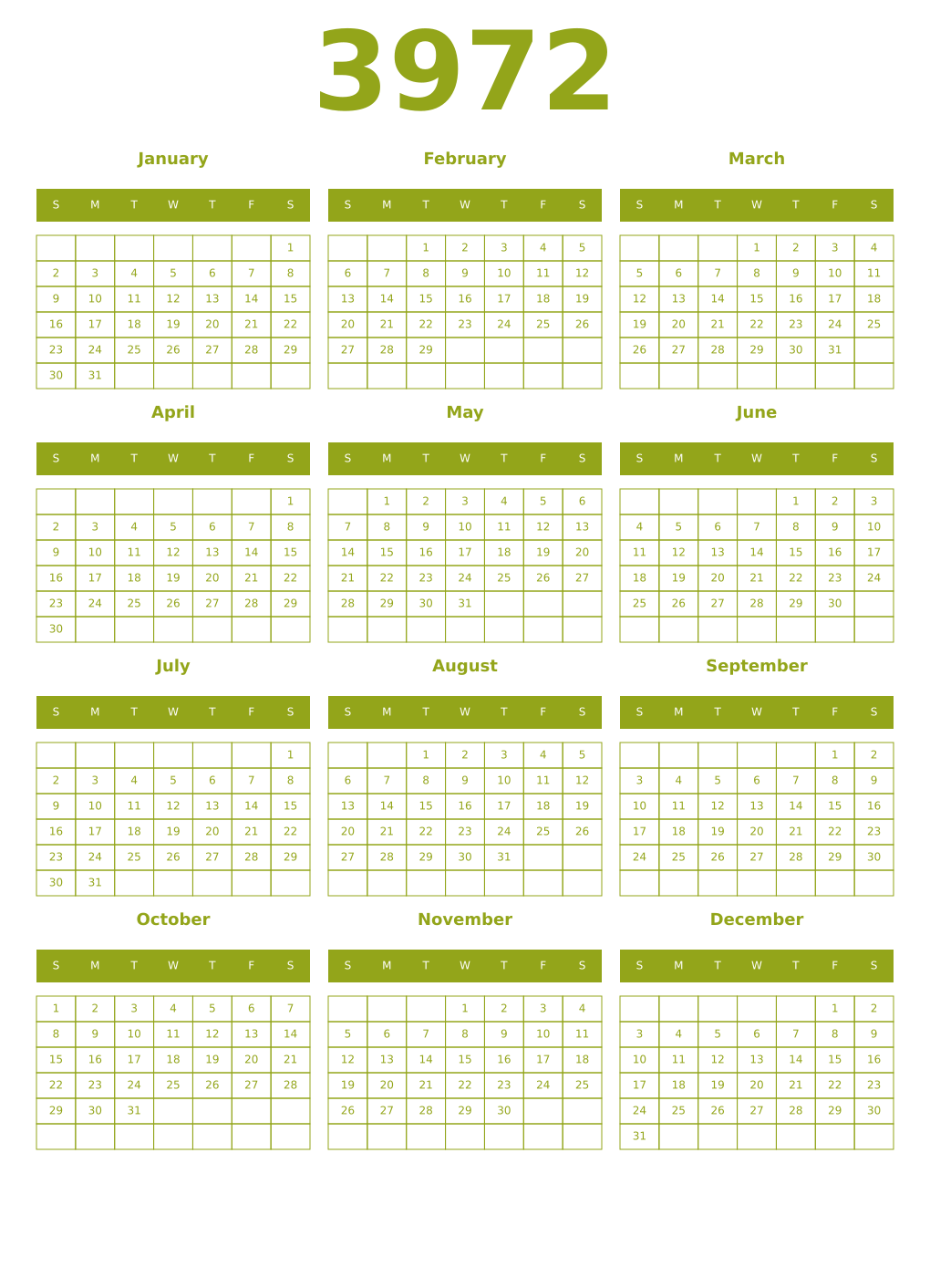 Printable 3972 Year Calendars chartreuse