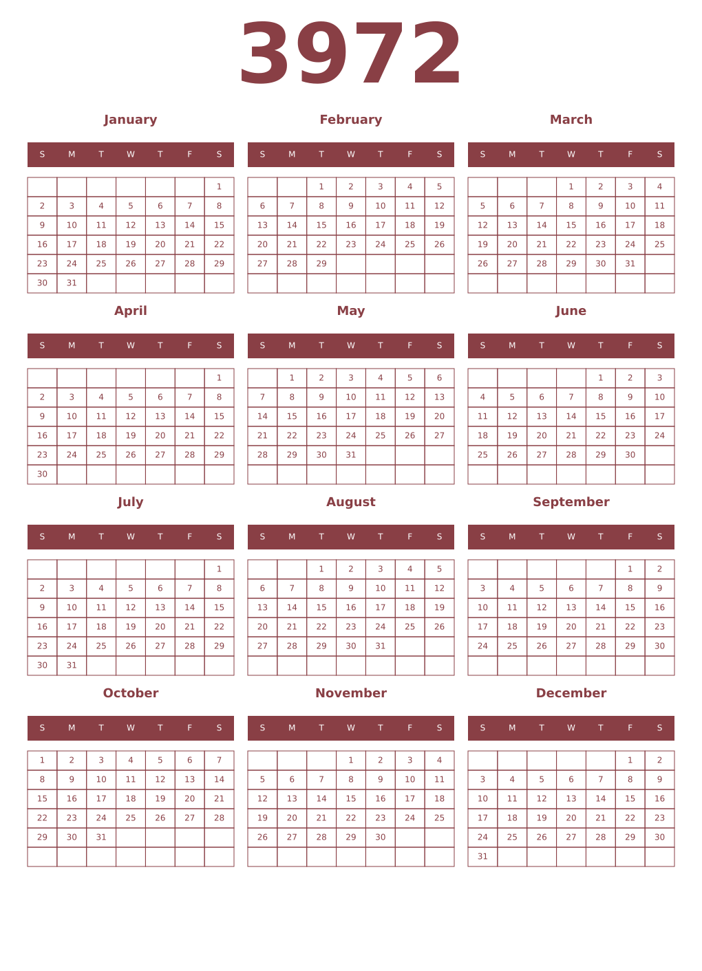 Printable 3972 Year Calendars cordovan