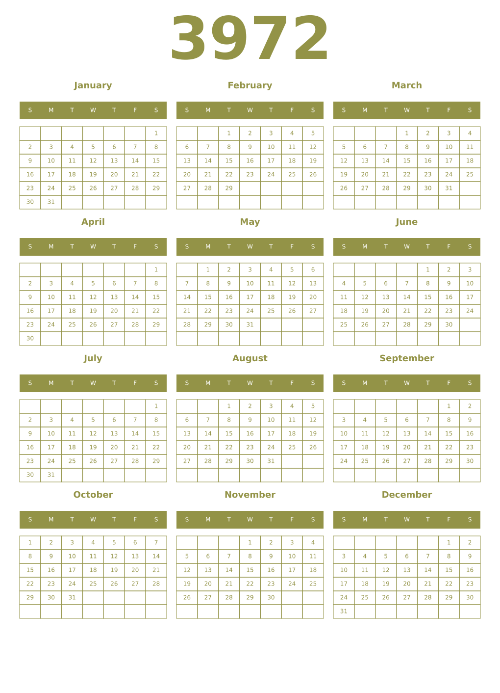 Printable 3972 Year Calendars eburnean