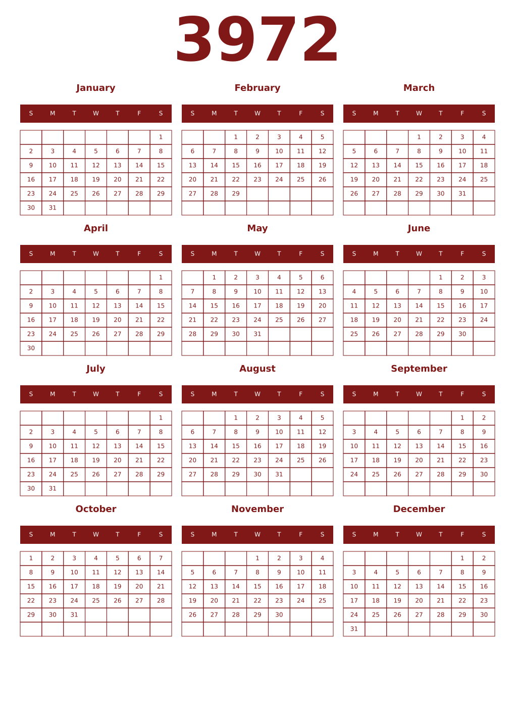 Printable 3972 Year Calendars falu