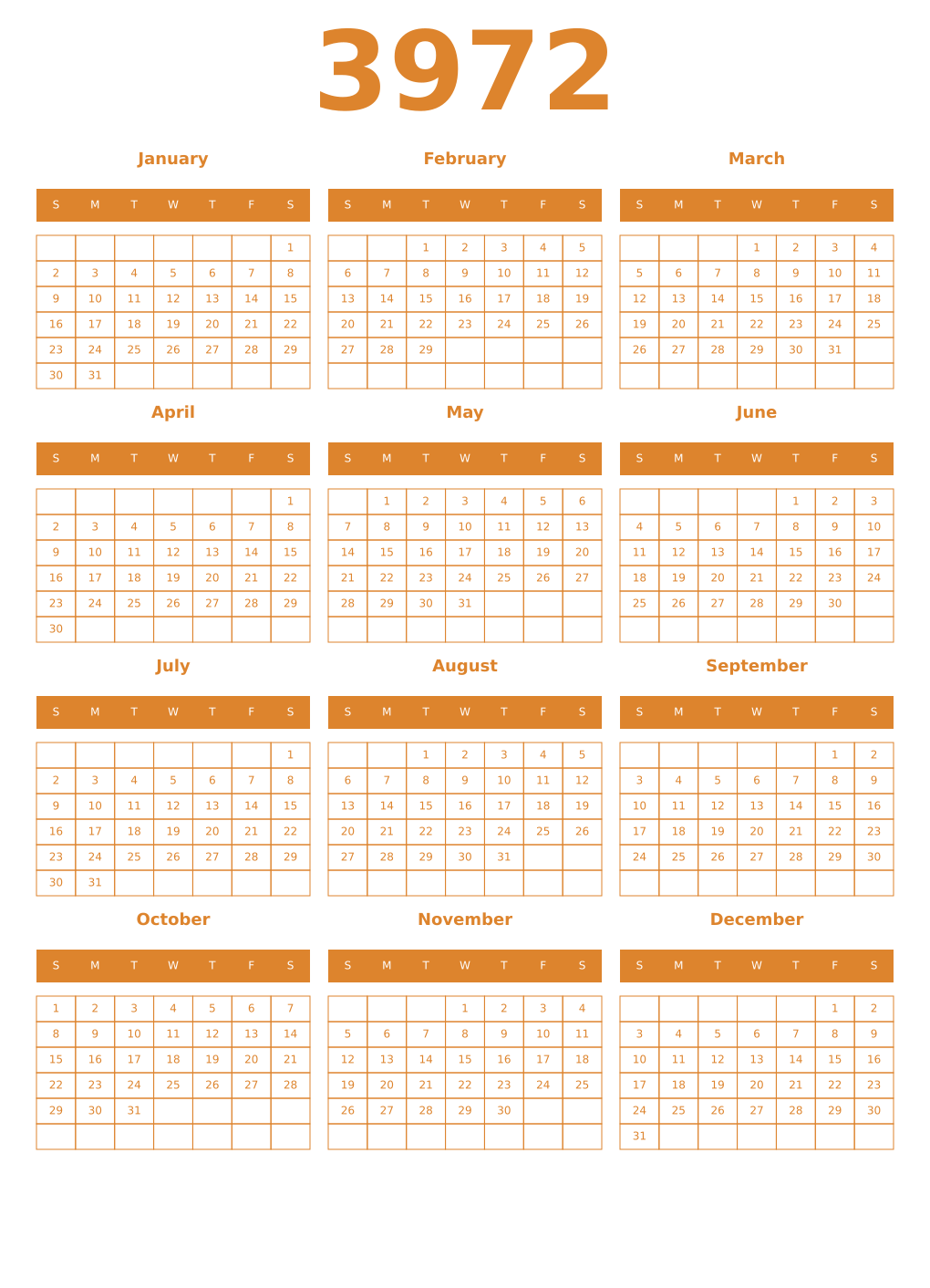 Printable 3972 Year Calendars orange