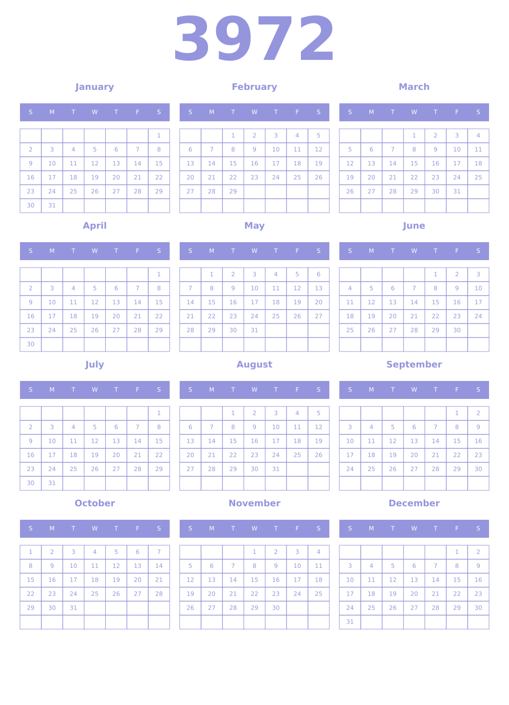 Printable 3972 Year Calendars periwinkle