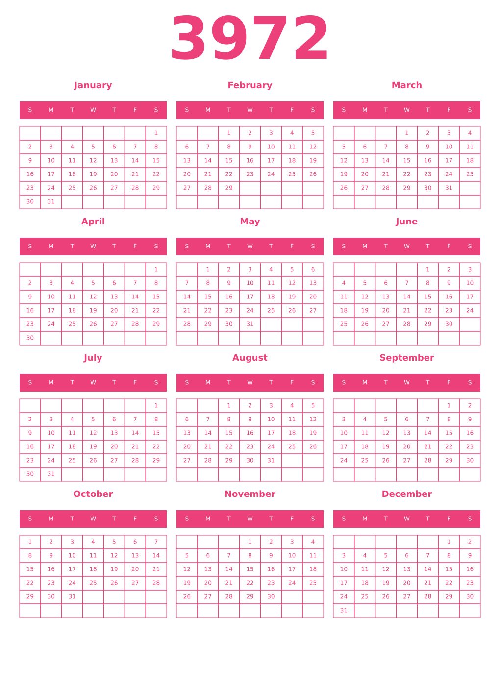 Printable 3972 Year Calendars pink