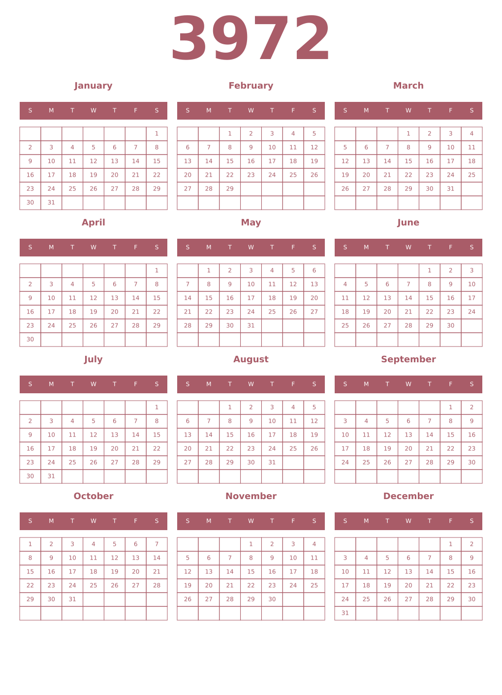 Printable 3972 Year Calendars puce