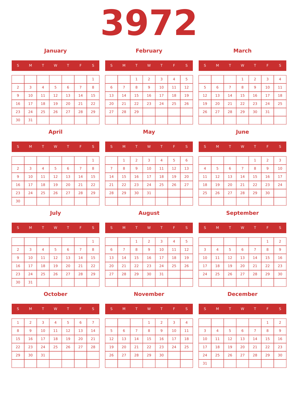 Printable 3972 Year Calendars red