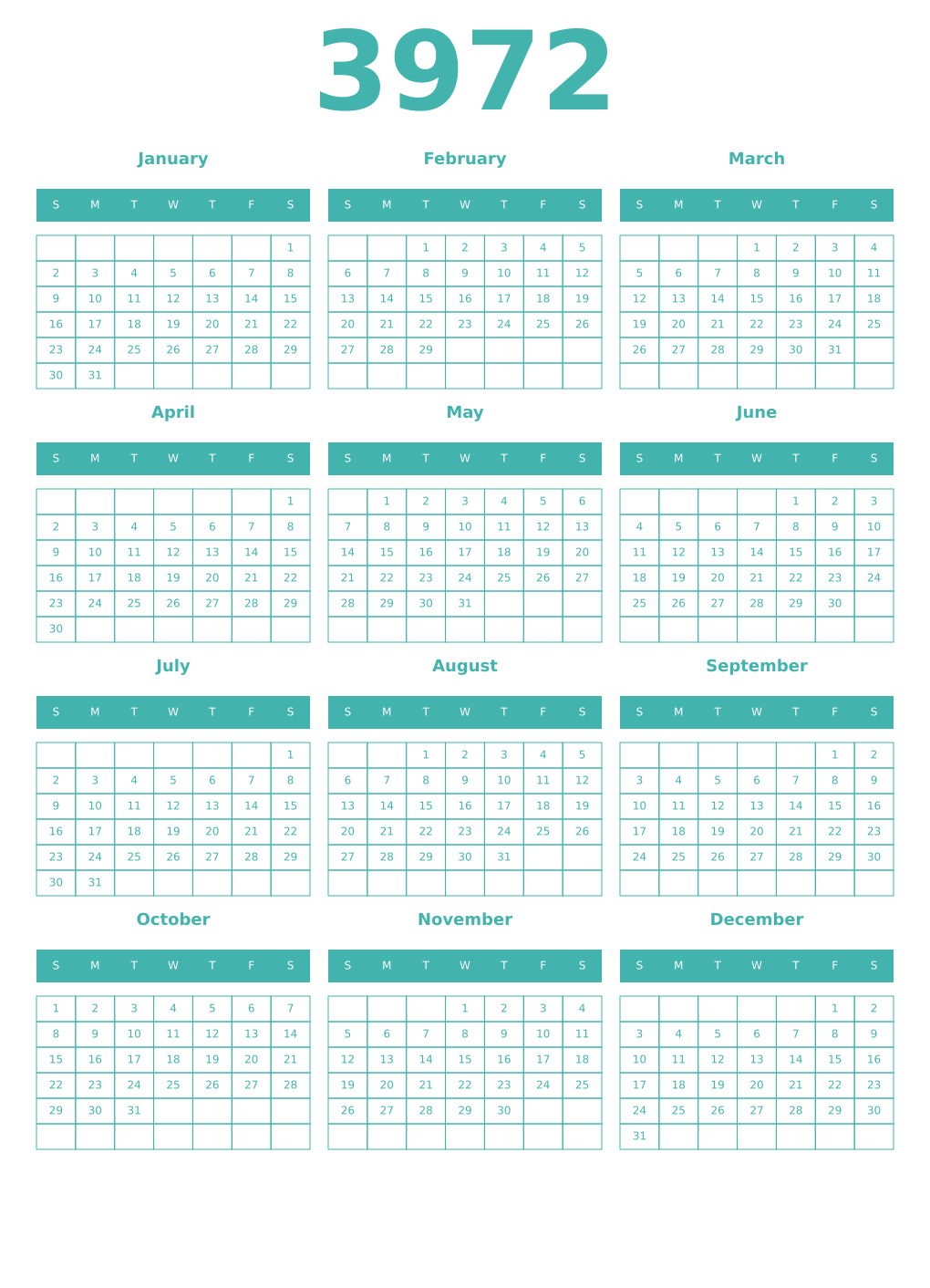 Printable 3972 Year Calendars verdigris