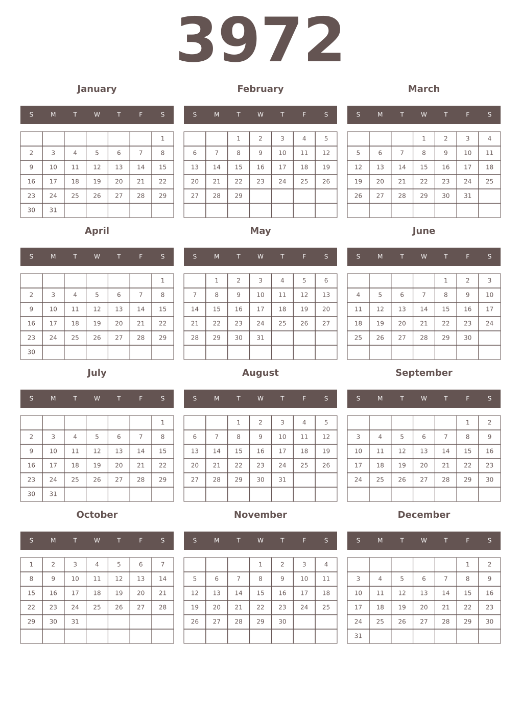 Printable 3972 Year Calendars wenge