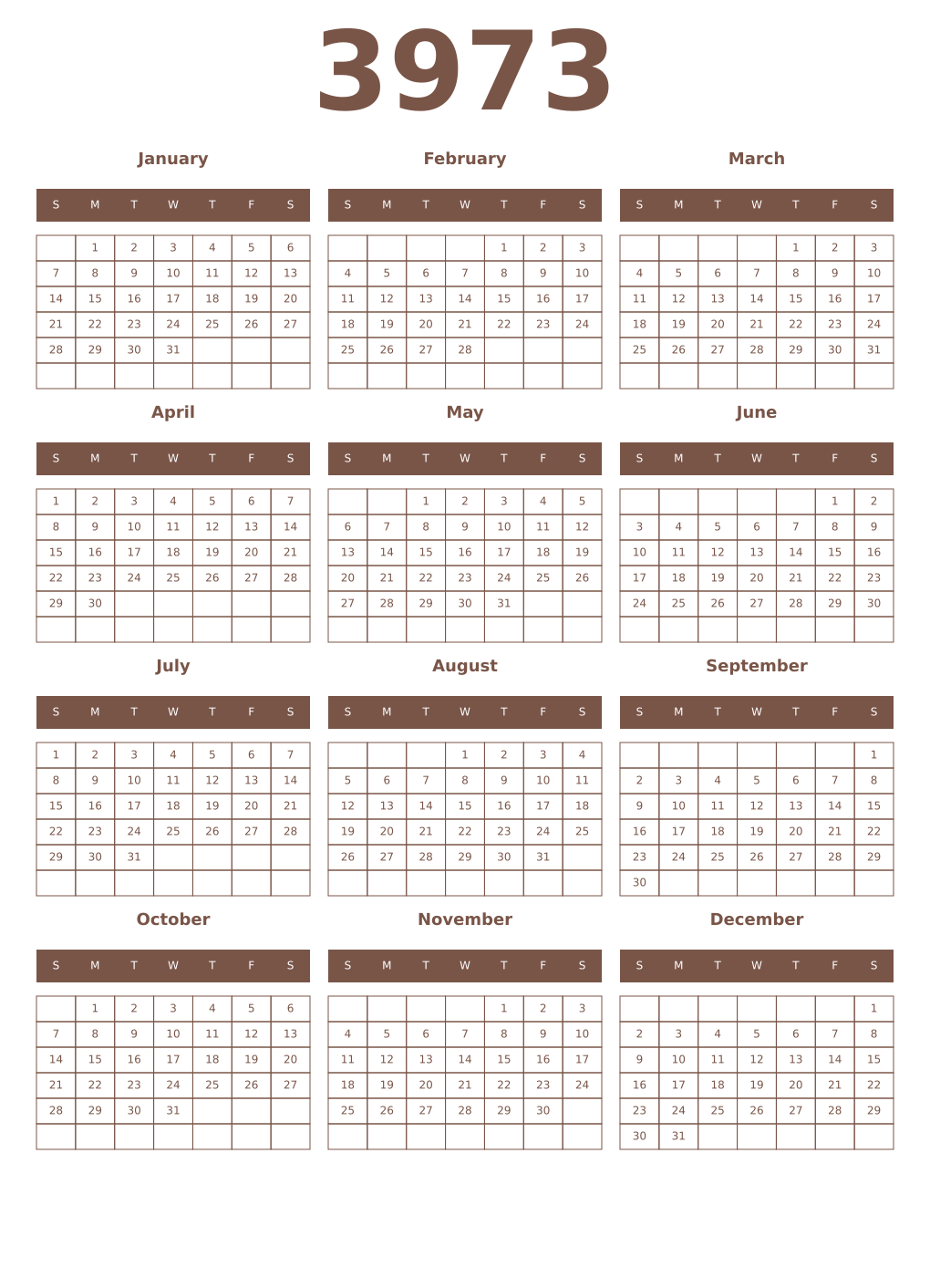 Printable 3973 Year Calendars coffe