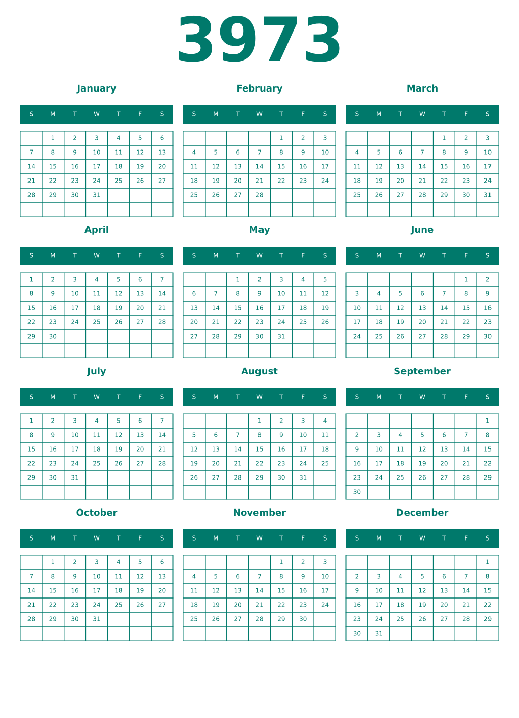 Printable 3973 Year Calendars pastel