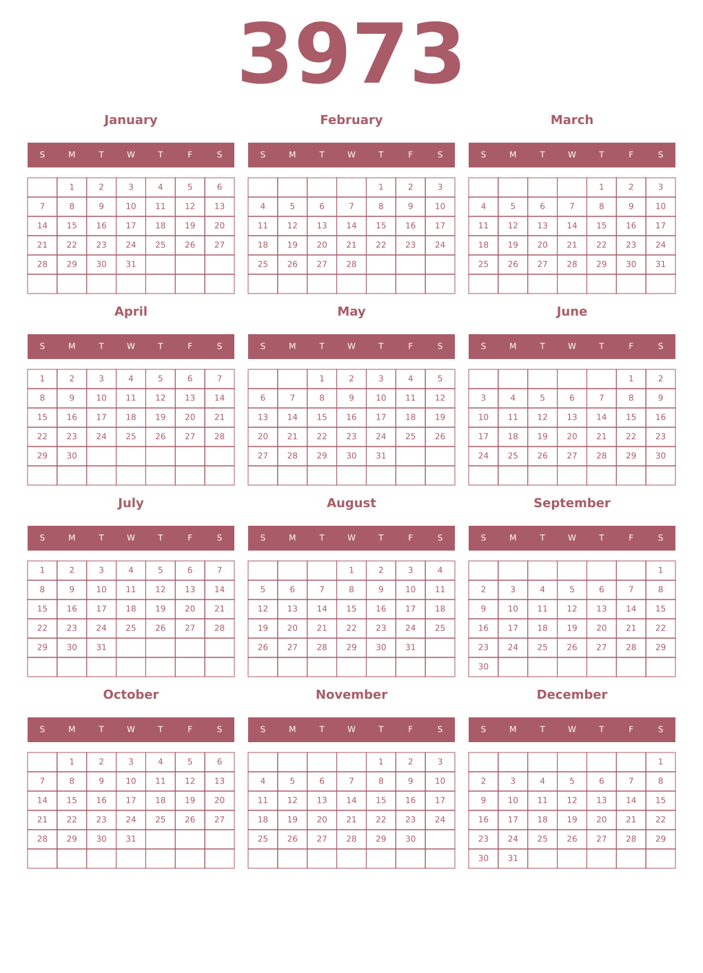 Printable 3973 Year Calendars puce